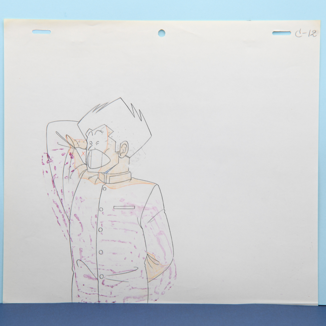 Original douga production drawing of Kiyoshi Shusse from High School! Kimengumi with visible paint transfer and studio marks