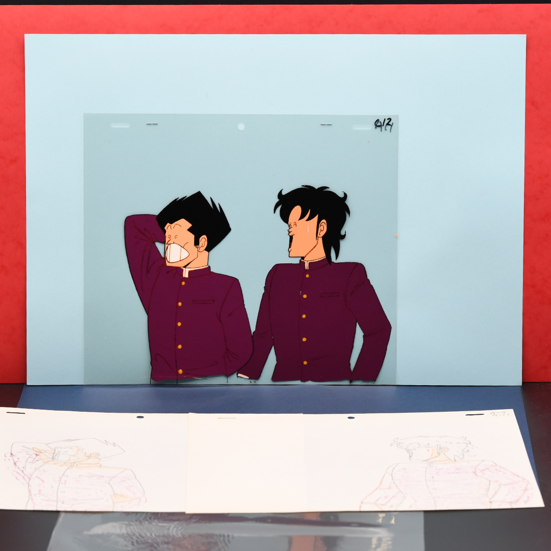 High School! Kimengumi original production cel with two matching douga drawings of Rei Ichido and Kiyoshi Shusse