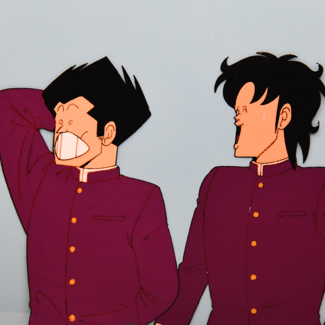Close-up of Rei Ichido and Kiyoshi Shusse on an original High School! Kimengumi animation cel