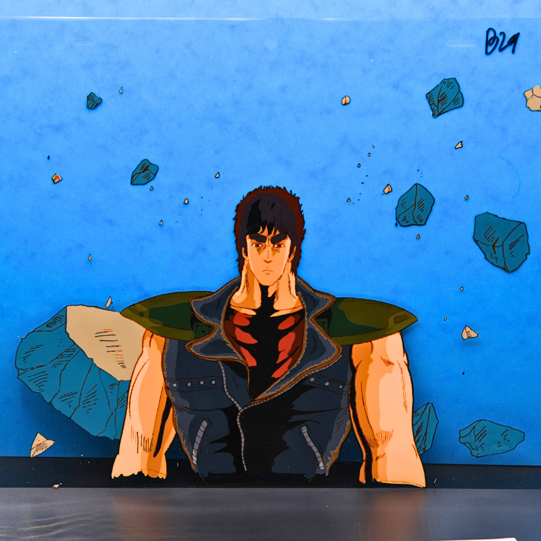 Kenshiro original production cel full view with debris from Fist of the North Star The Movie 1986