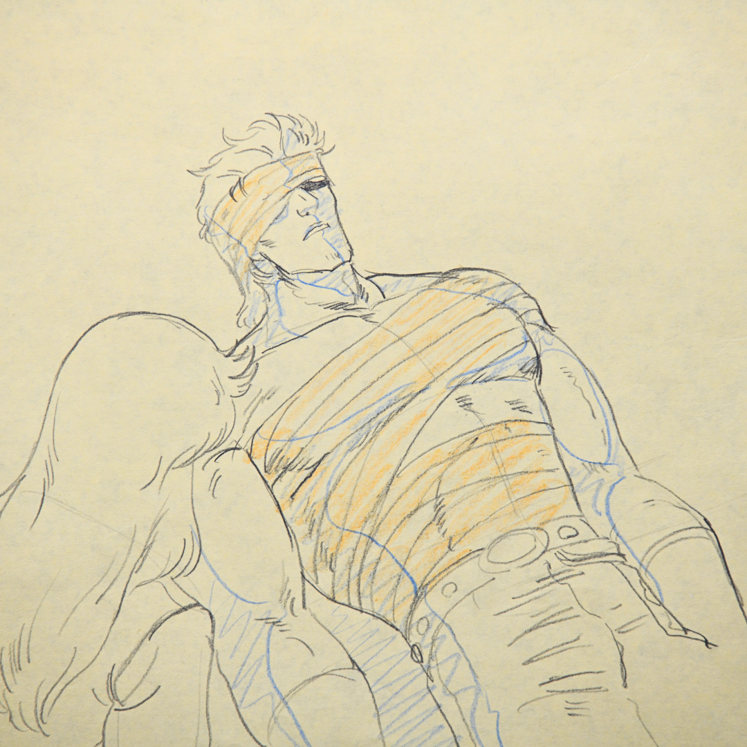 Detail of Ein original genga from Hokuto no Ken 2 episode 117 showing injured pose and pencil construction