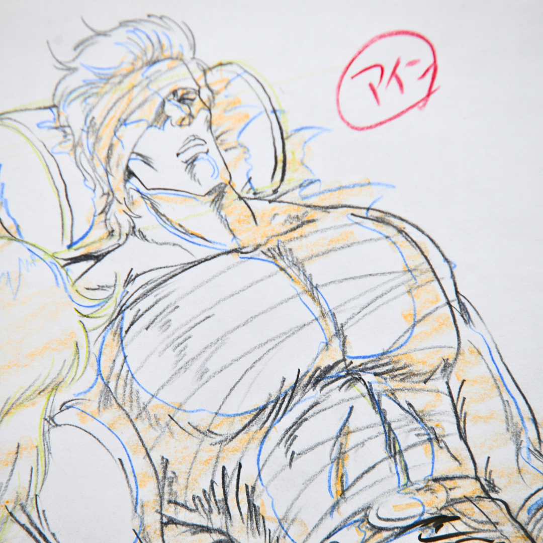 Close detail of annotated Ein layout and genga from Hokuto no Ken 2 episode 117