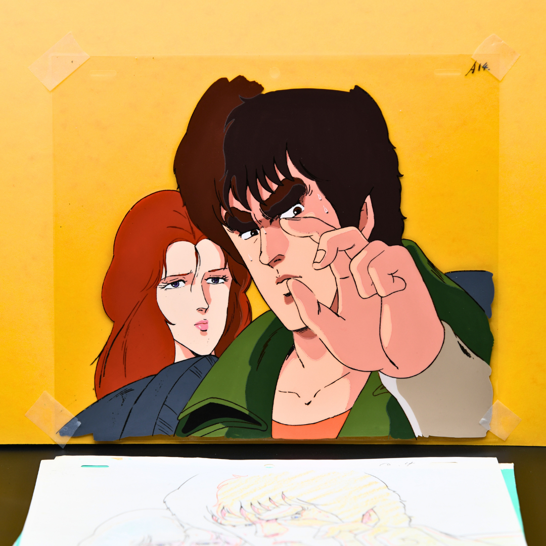 Full Kenshiro and Yuria production cel marked A14 with matching douga, Hokuto no Ken episode 5