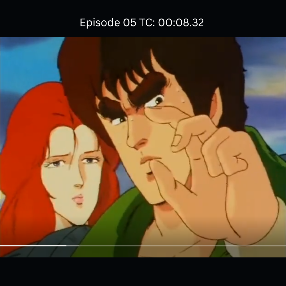 Reference still matching Kenshiro and Yuria in Fist of the North Star episode 5 at 00:08:32