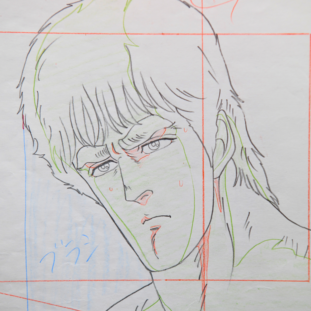 Kenshiro face detail from original Fist of the North Star production drawing with framing marks