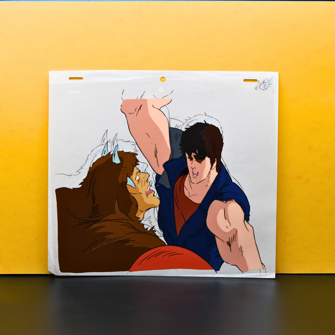 Original Hokuto no Ken production cel showing Kenshiro fighting one of Kiba Daioh's henchmen, with attached douga