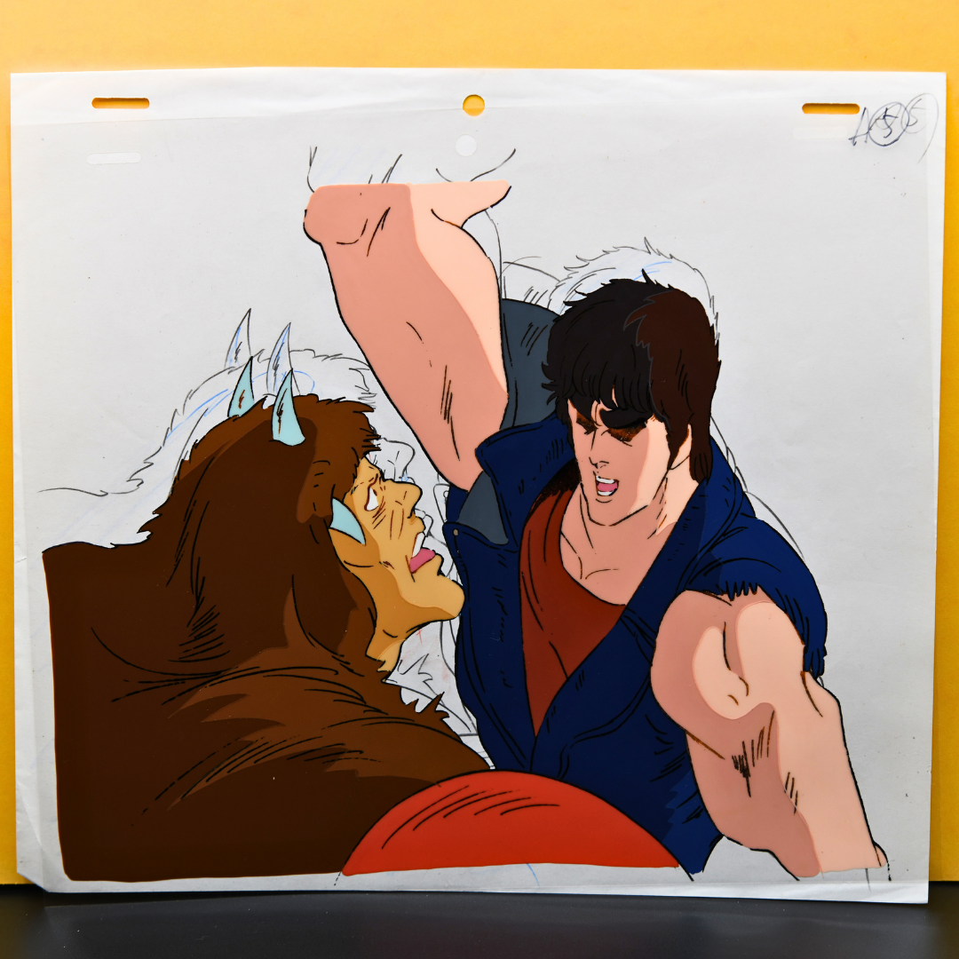 Full original Hokuto no Ken cel of Kenshiro fighting a Kiba Daioh henchman, with the douga attached behind