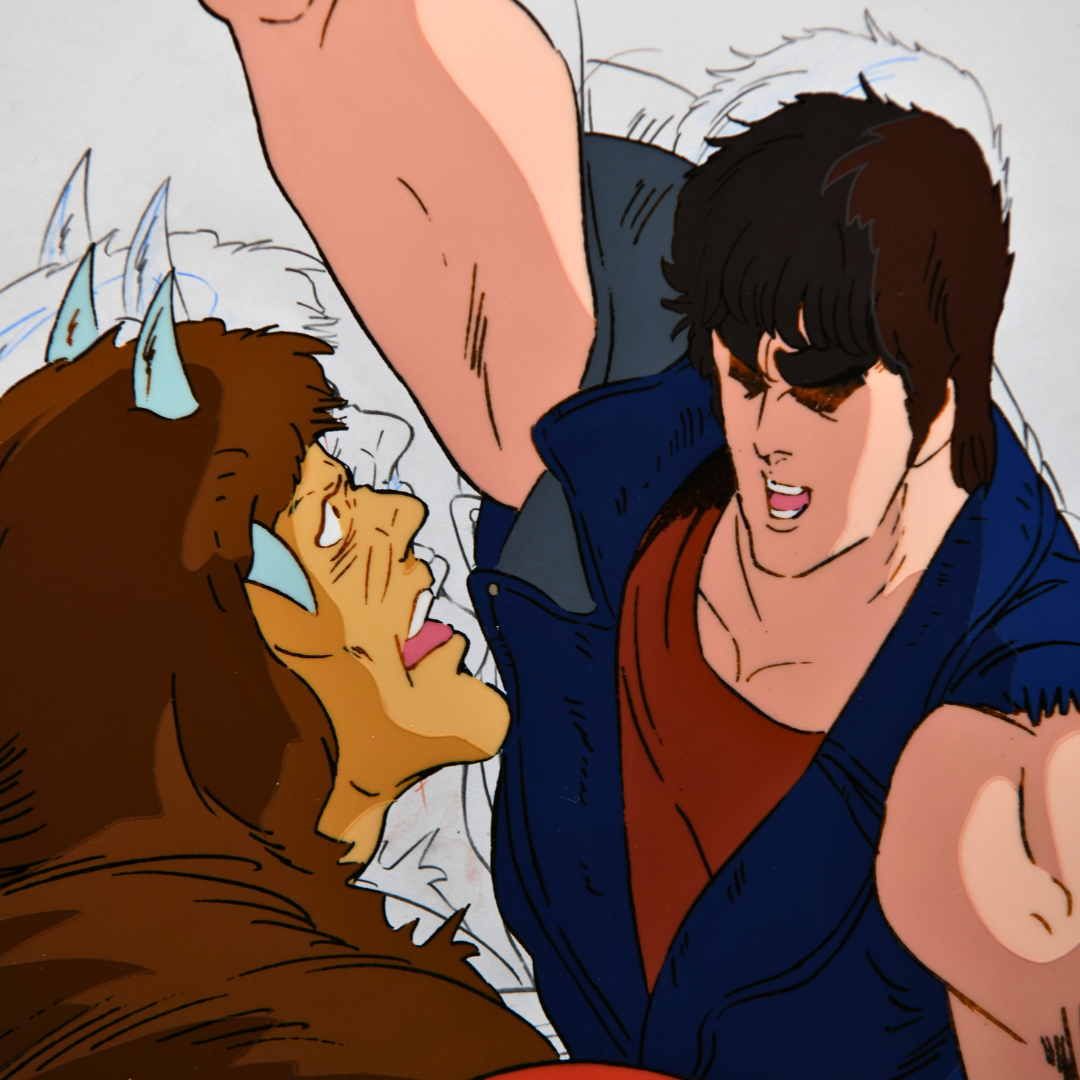 Detail of original Hokuto no Ken cel showing Kenshiro and a Kiba Daioh henchman, with attached production drawing