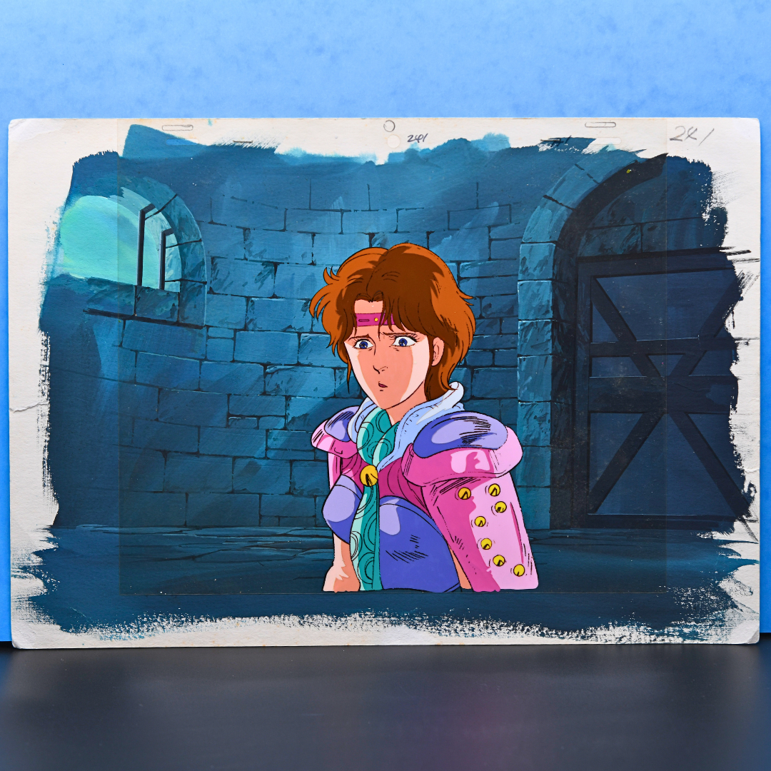 Lin original production cel with hand-painted background from Fist of the North Star Hokuto no Ken, full view