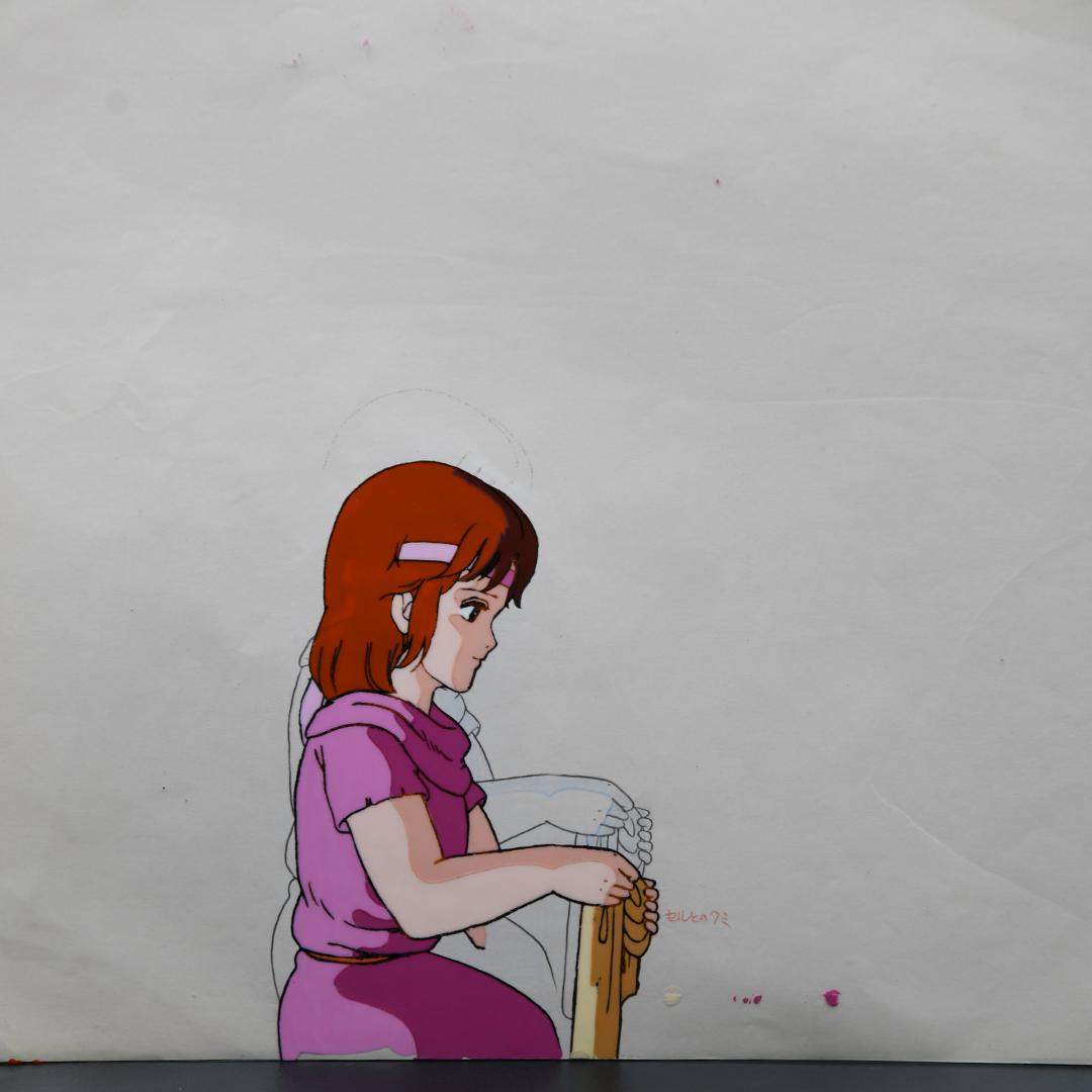 Lin original Hokuto no Ken production cel attached to douga, full artwork view