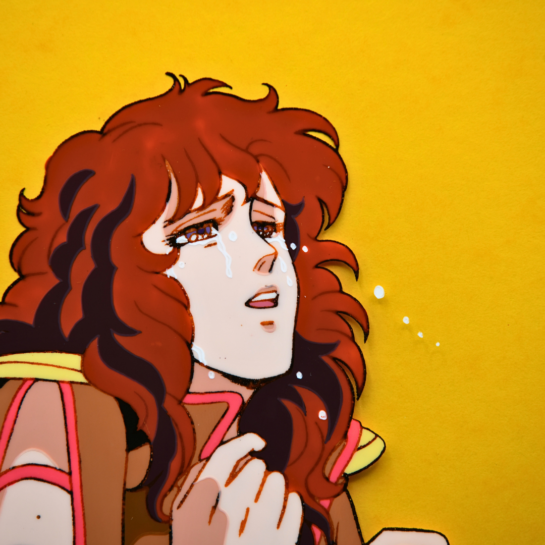 Close-up of Mamiya crying, original Hokuto no Ken production cel from episode 56