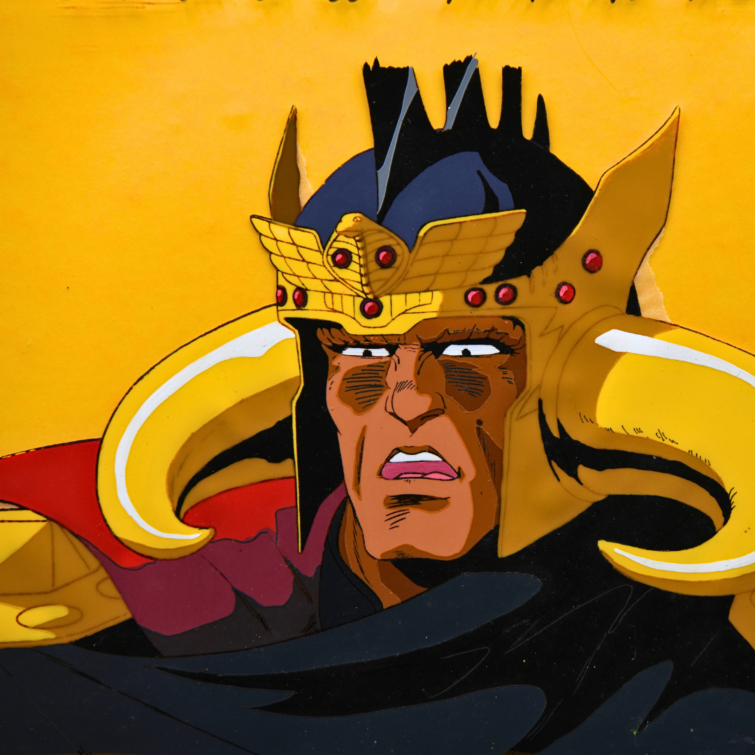 Raoh portrait original animation cel from Fist of the North Star Hokuto no Ken, golden Ken-Oh helmet close-up