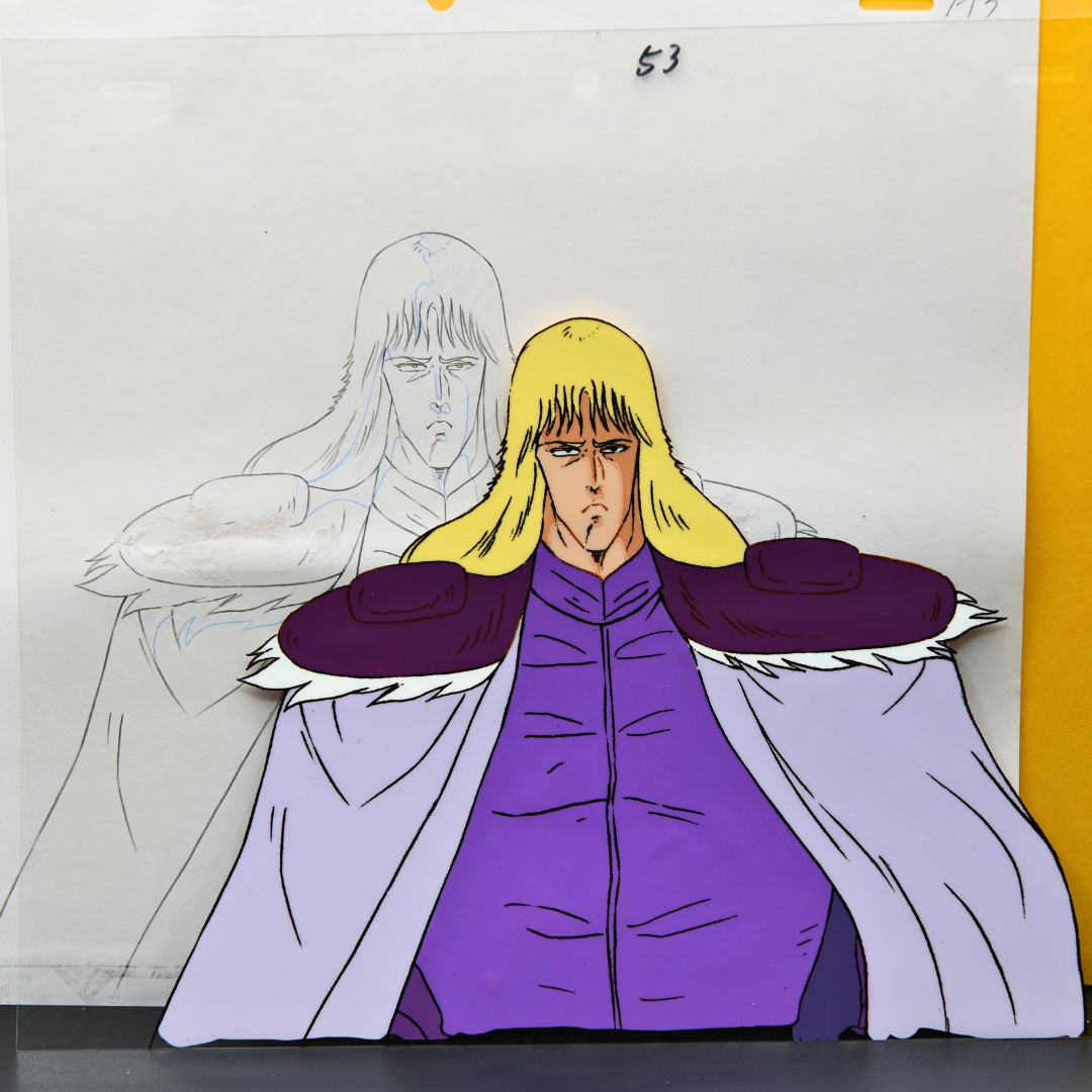 Shin original production cel layered over matching douga from Fist of the North Star