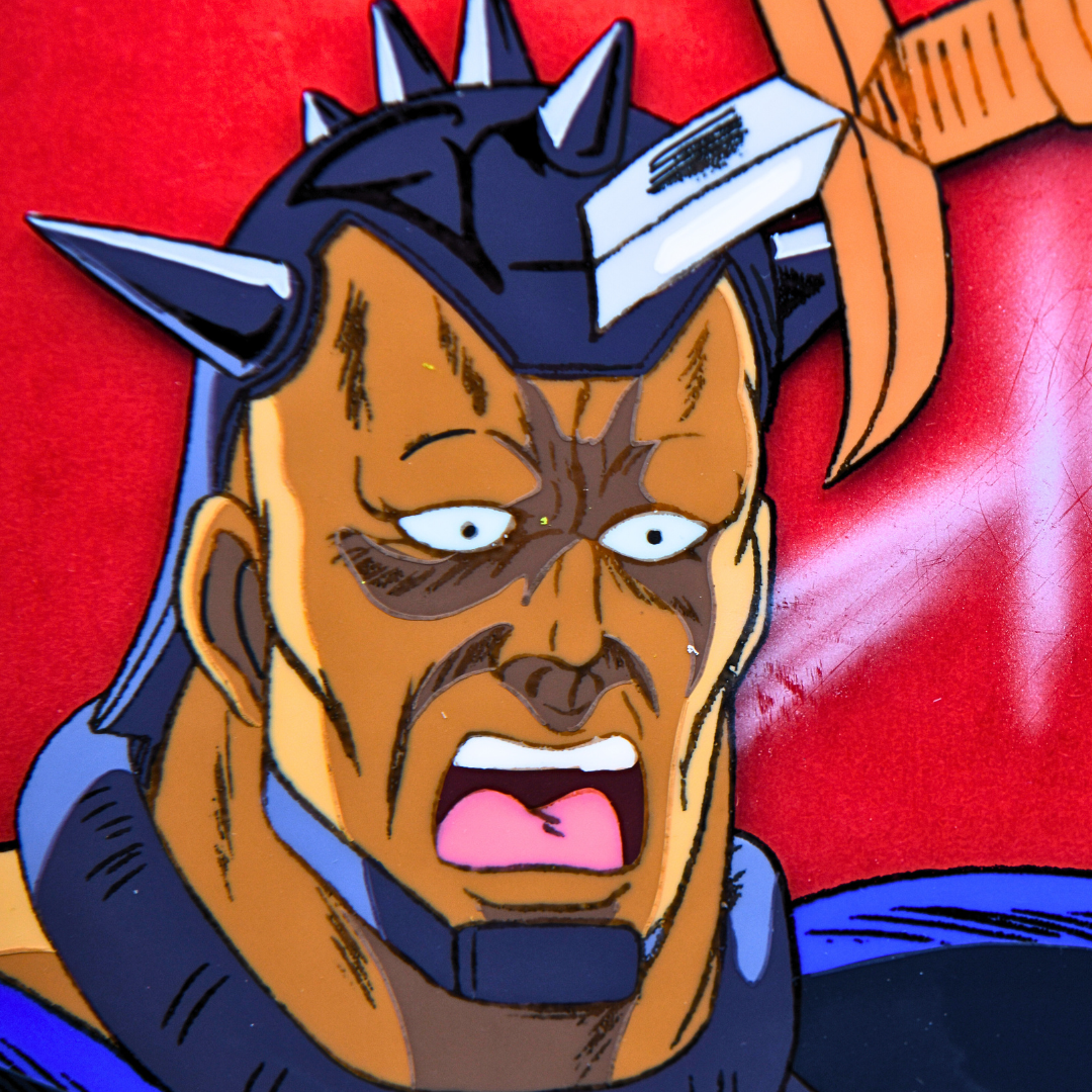 Armored warrior original production cel face detail from Fist of the North Star Hokuto no Ken