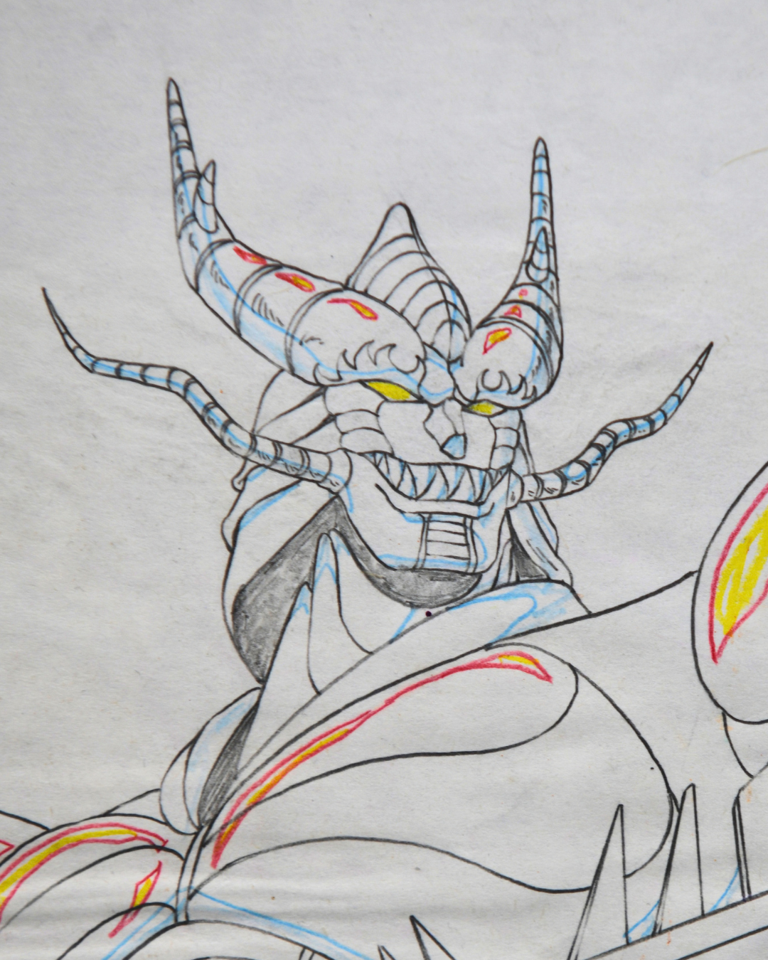 Majūō Dorga horned head detail on original production douga