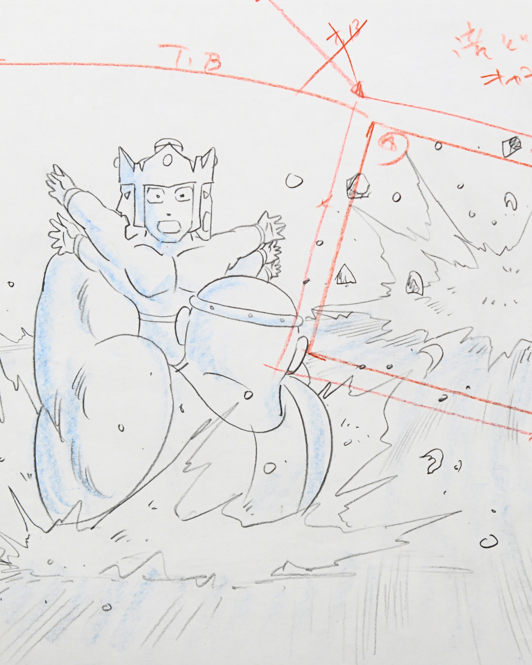 Detail of original Kinnikuman Episode 103 production drawing with Ashuraman and Samson Teacher flashback action