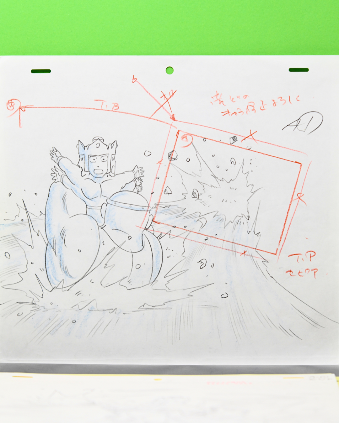 Kinnikuman Episode 103 original production drawing with camera framing and Ashuraman Samson Teacher flashback scene