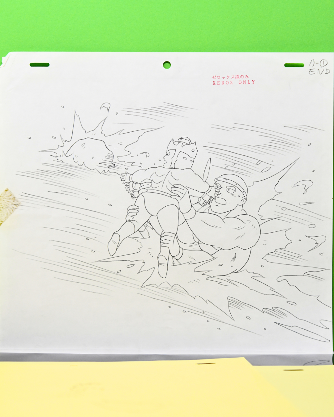 Kinnikuman Episode 103 studio-stamped Xerox reference sheet for Ashuraman and Samson Teacher river rescue flashback