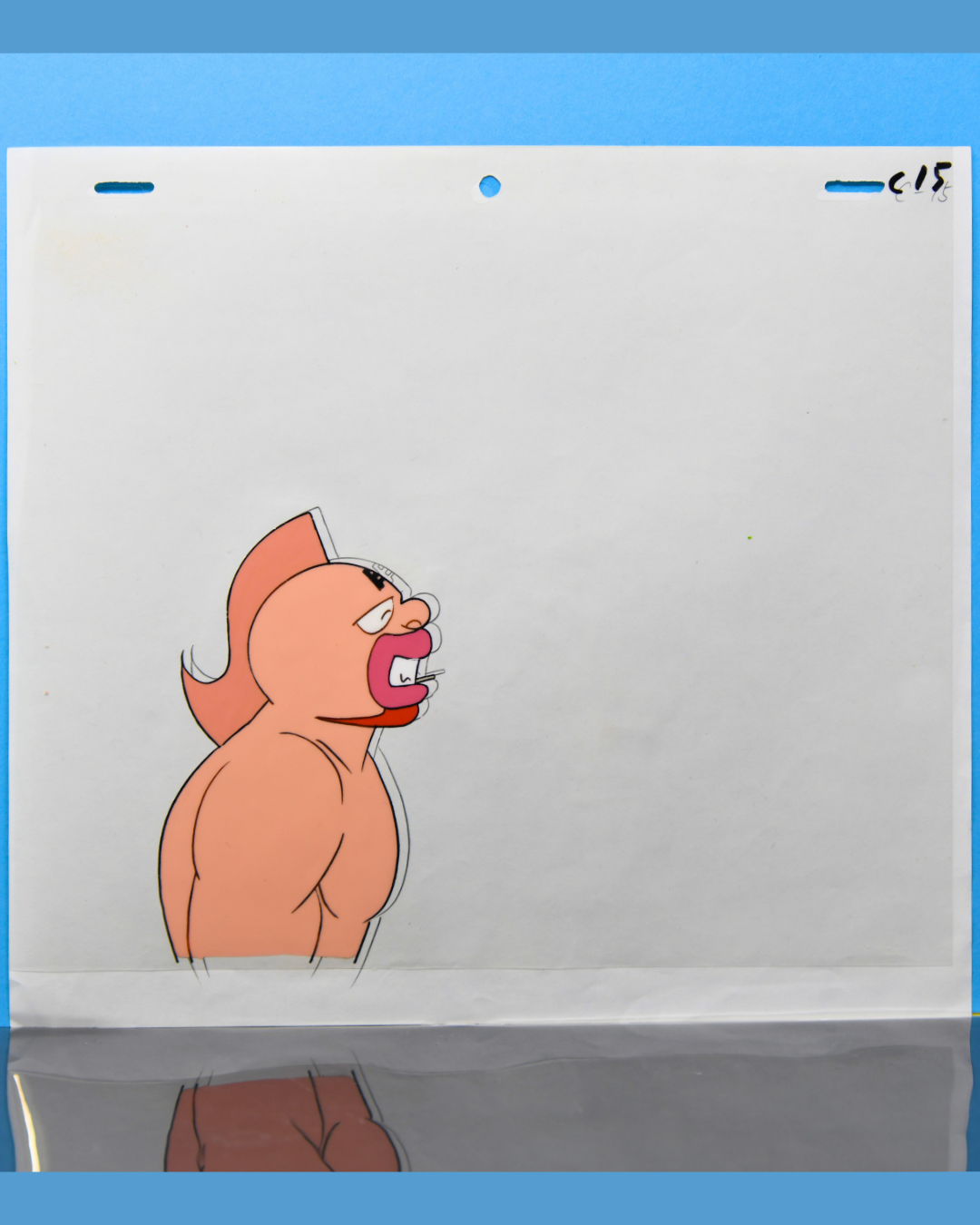 Kinnikuman original production cel with attached douga, expressive side profile