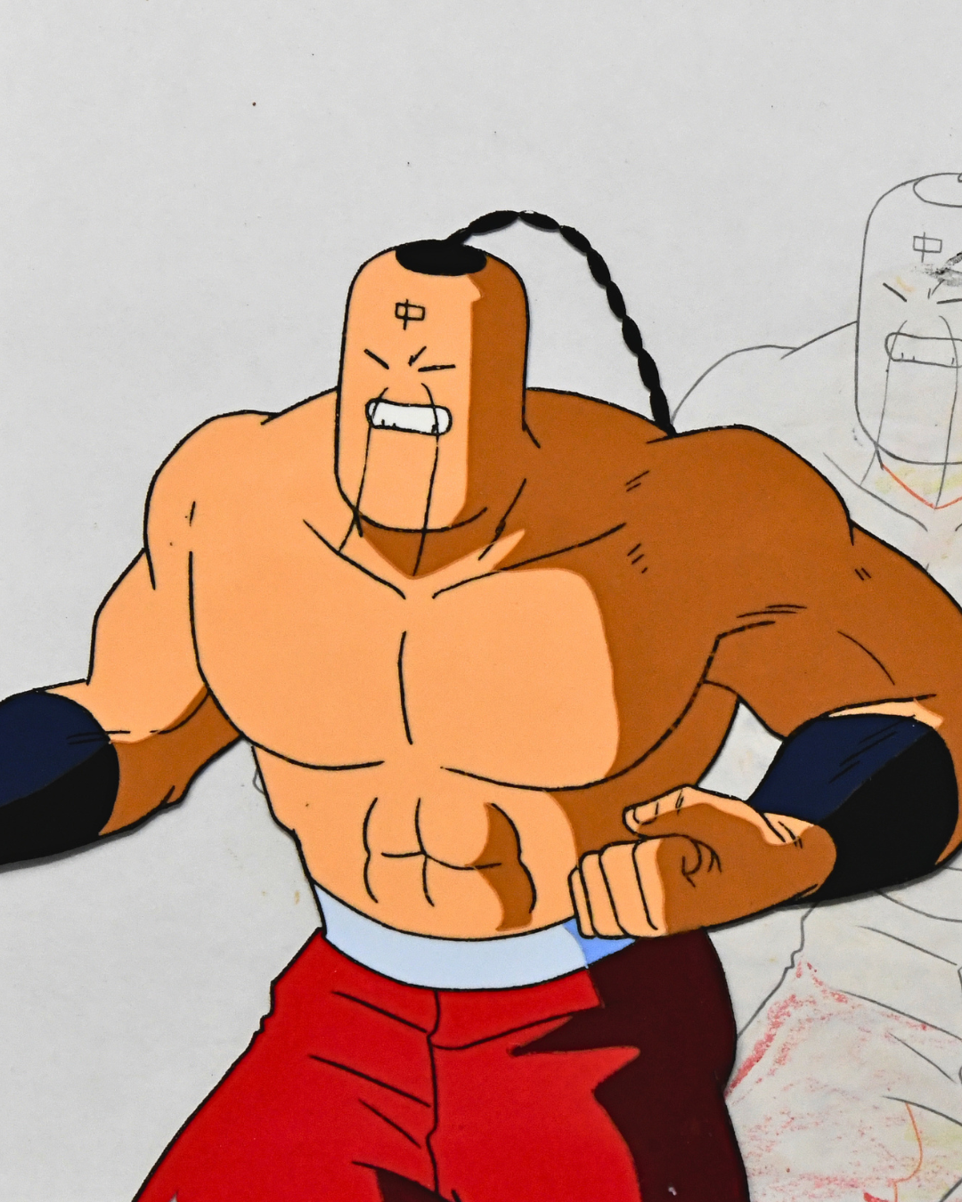 Close-up of Ramenman original hand-painted Kinnikuman animation cel