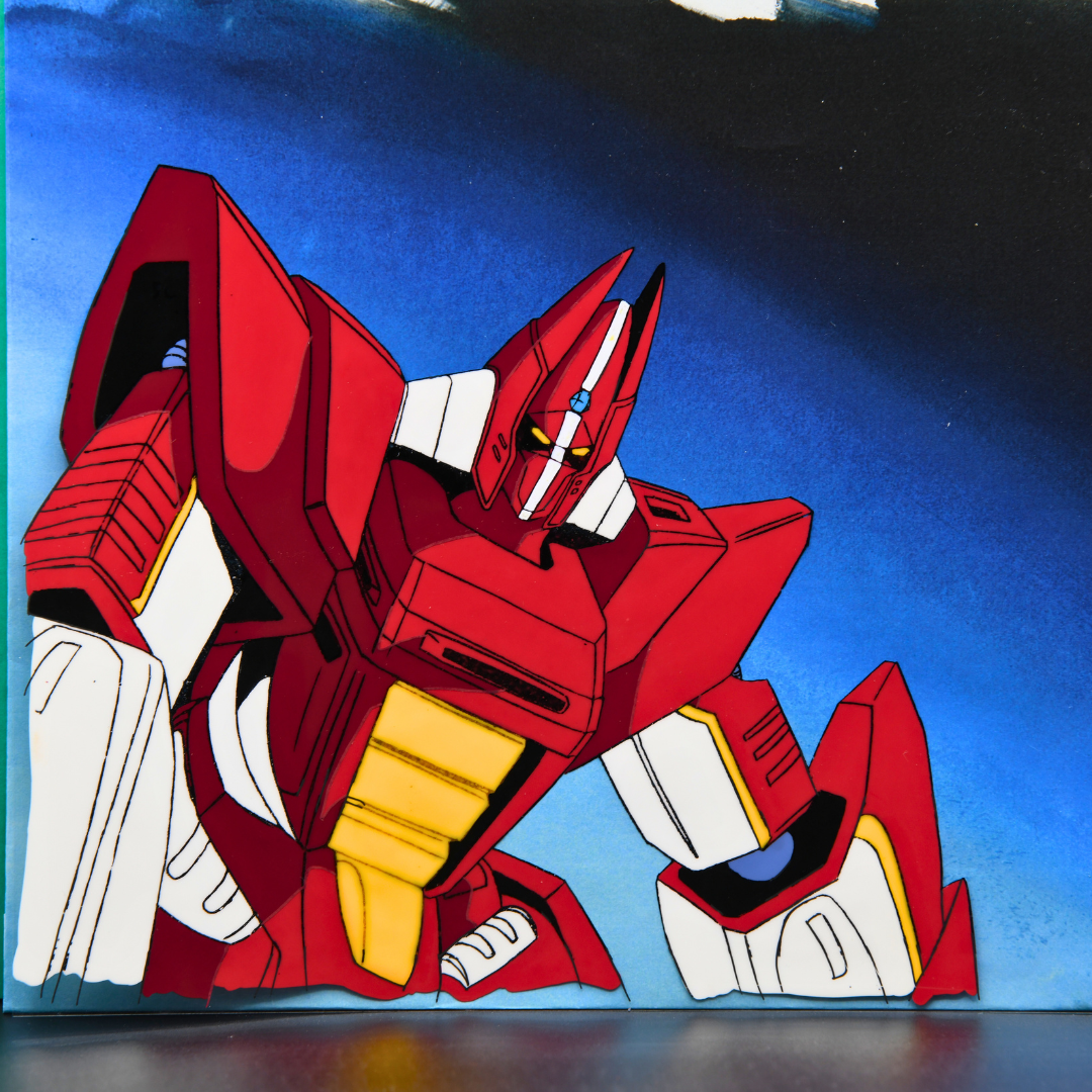 Panzer World Galient original production cel of Galient with original painted background