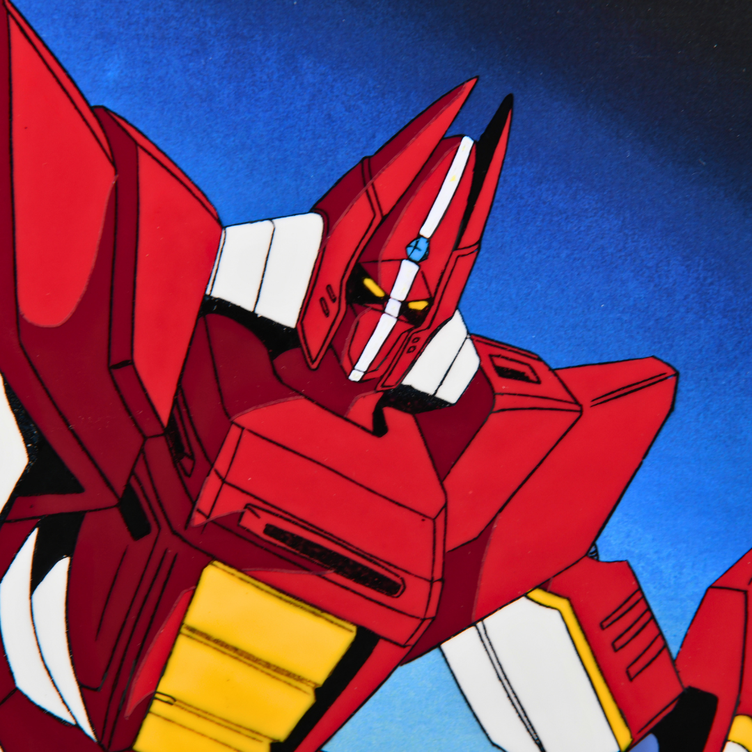 Detailed close-up of Galient red mecha original anime production cel
