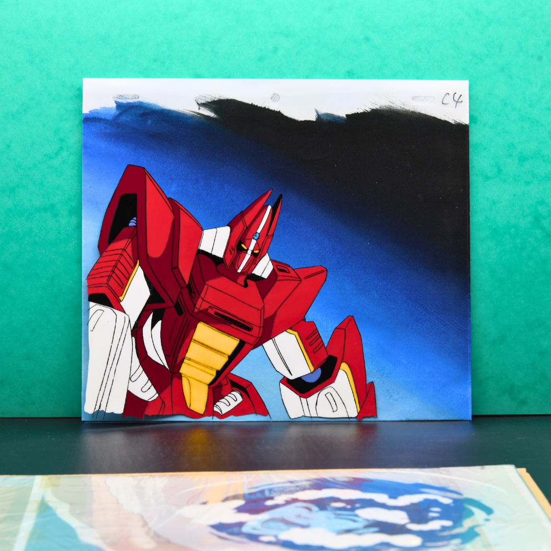 Full view of Panzer World Galient original cel and hand-painted background