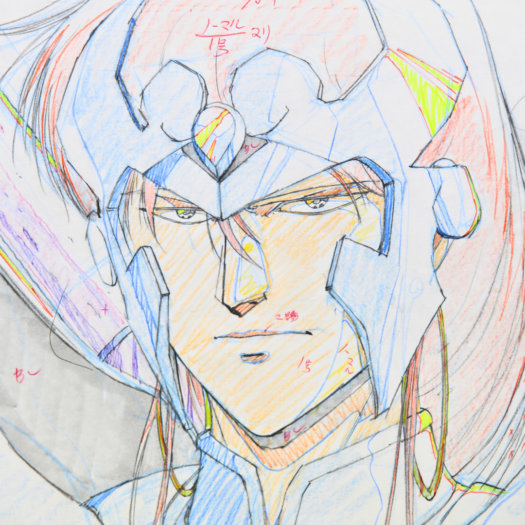 Close up of Shurato Gai Kuroki armour genga with colored pencil shading and annotations