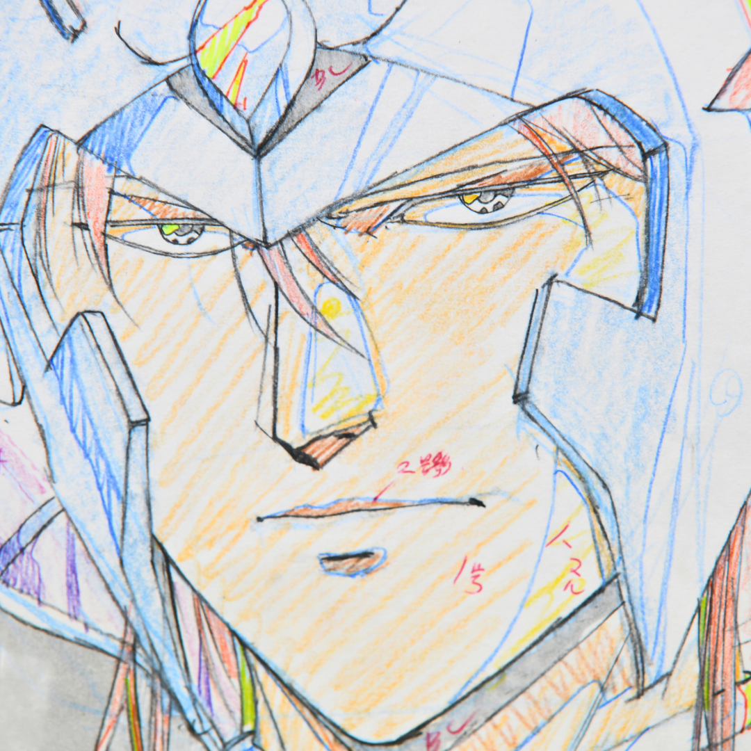 Detailed close up of Gai Kuroki original Shurato genga face and helmet drawing