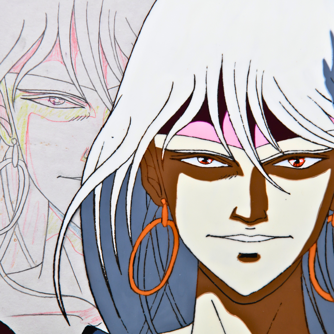 Close-up of Gai Kuroki original production cel with matching douga behind