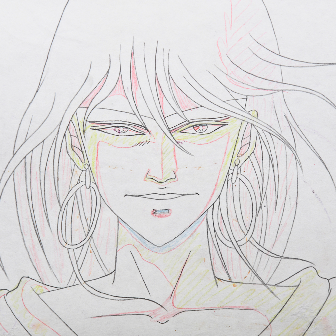Detail of Gai Kuroki matching production douga face and earrings