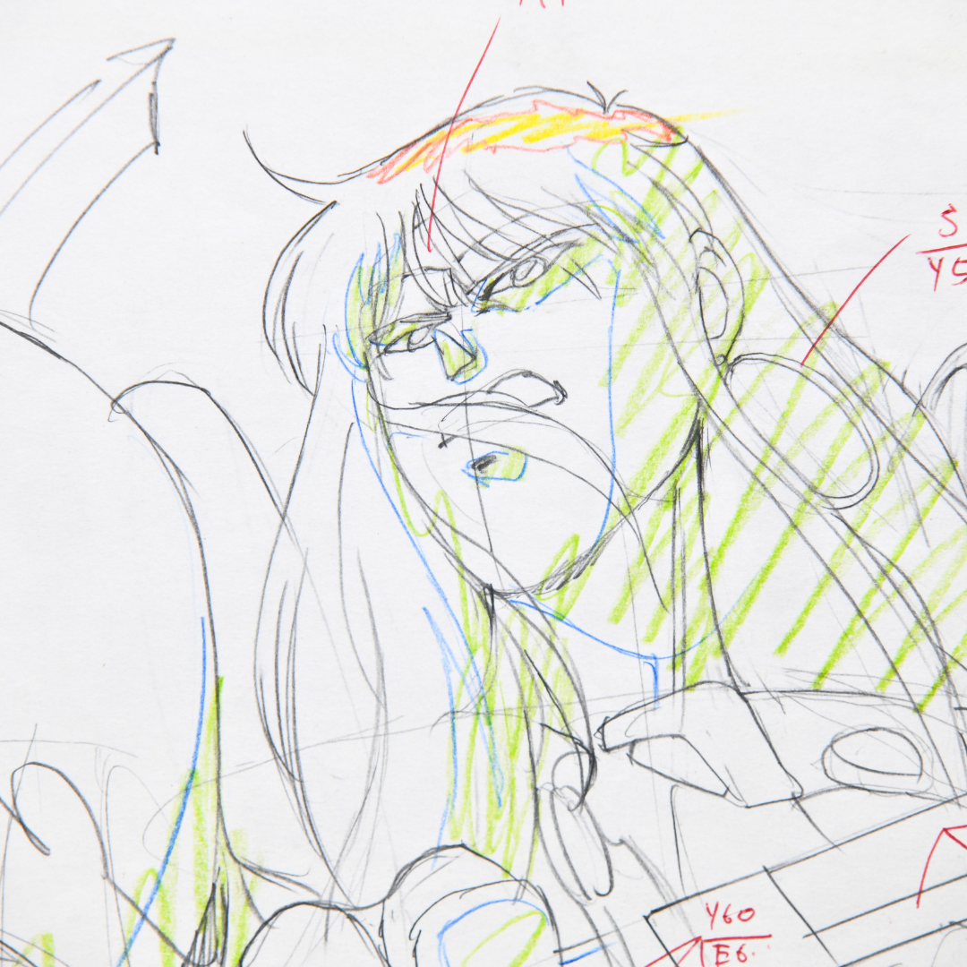 Detailed close-up of Gai Kuroki face in original Shurato genga drawing