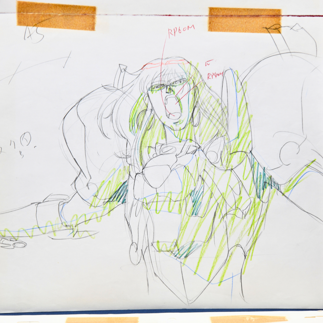 Gai Kuroki original Shurato production genga drawing, expressive battle pose