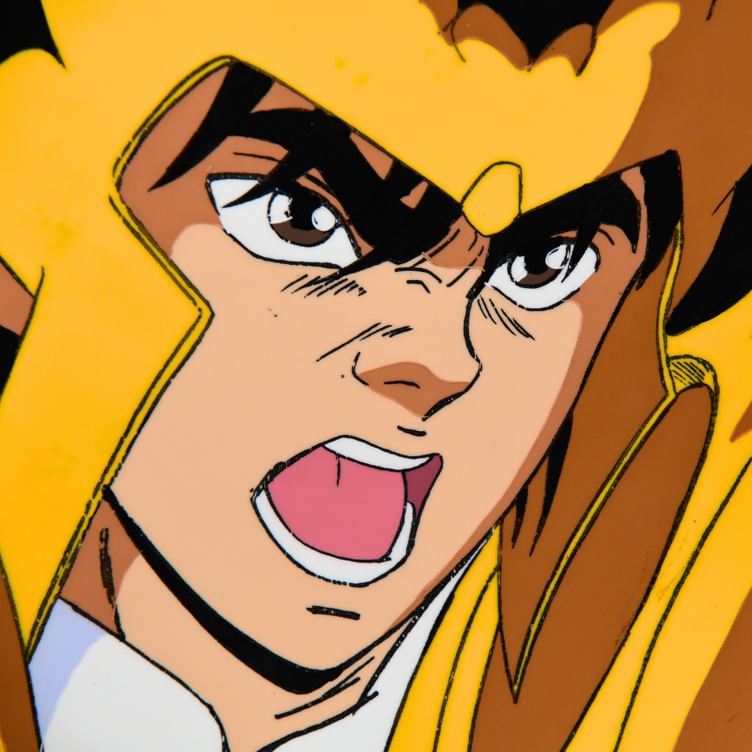 Extreme close-up of Shurato Hidaka original cel facial detail