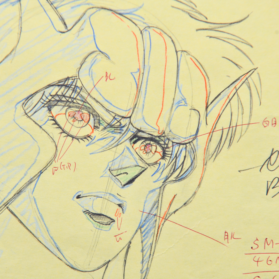 Close-up of Shurato Hidaka original genga face drawing from Shurato