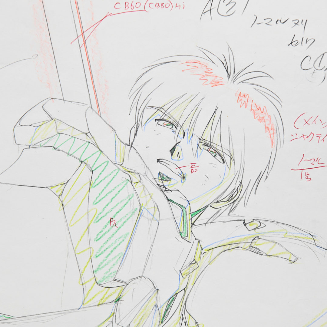 Close-up detail of Shurato Hidaka original genga key animation drawing