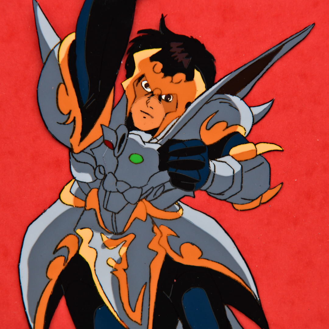 Close-up of Shurato Hidaka armored jumping pose original anime cel