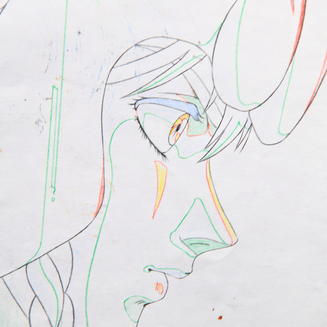 Shurato Hidaka original anime douga facial detail with production color lines