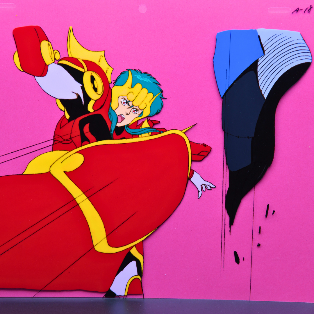 Dynamic Renge battle scene original anime production cel marked A-18