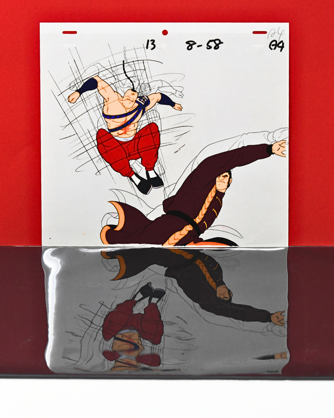 Tatakae Ramenman Episode 13 original production cel of Ramenman fighting Jinlong with attached douga, corrected grading